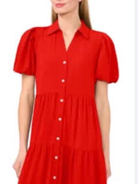 CeCe Bright "Fiery Red" Button-Front Tiered Casual Dress